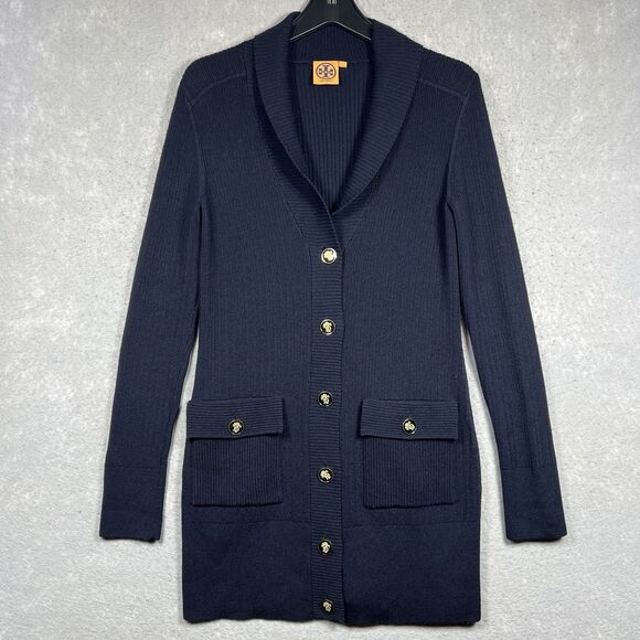 Tory Burch Marcia Button Down Cardigan Sweater Wool Navy Blue Women’s Large $395 - Picture 1 of 12